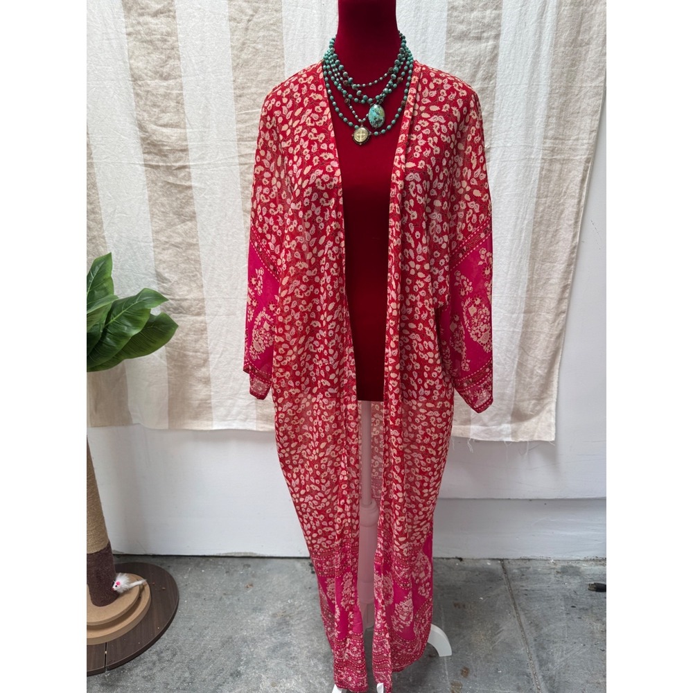 Boho Pink Paisley Floral Open Front Kimono Duster One Size NWT